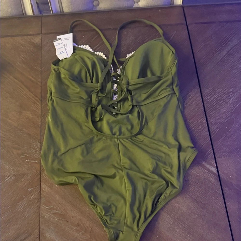 NWT size XL Olive Green One Piece Swimsuit with Lace Trim - Picture 5 of 5